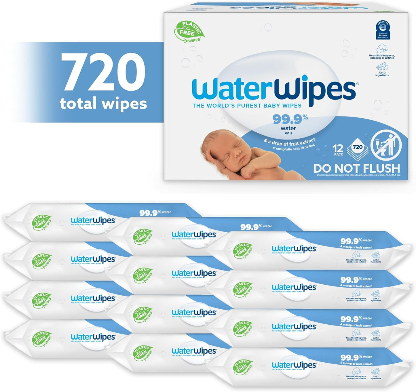 Plastic-Free Original Baby Wipes, 99.9% Water Based Wipes, Unscented for Sensitive Skin, 720 Count (Pack of 12)